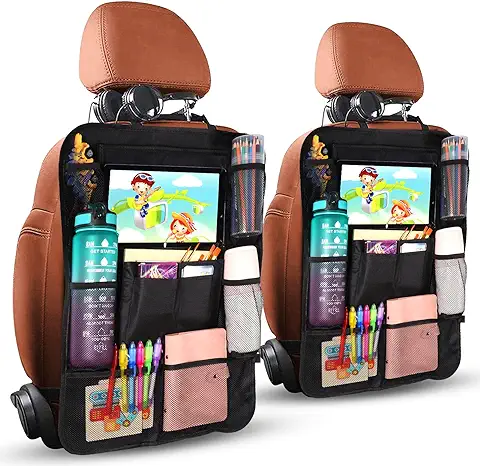 Diboniur Organizador Asiento Coche, 2 Piezas Protectores de Asiento para Coche, Organizador Asiento Trasero Niños para Tablet iPad de 9.7'' y 10.5'' para Botellas Juguetes Libros  