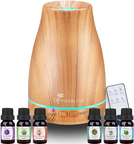 Diffuserlove Difusor de Aromas 200ML Humidificador de Aceites Esenciales con 7 Luces LED de Color para Dormitorio Oficina Habitación Casa  