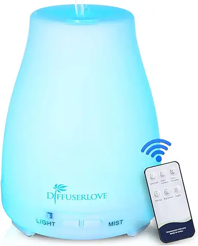 Diffuserlove Humidificador Difusor de Aceites Esenciales Control Remoto Difusor de Aromas Ultrasónico Aceites Esenciales Humificador de Niebla Silenciosa Whisper con Lámparas de 7 Colores  