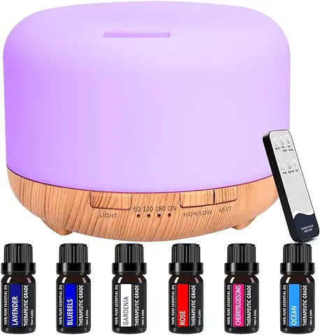 Difusor de Aceites Esenciales, Difusor de Aromas de 450 ml, Incluye 6 Aceites Esenciales Puros de 10 ml, Humidificador, Difusor Ideal para Aromaterapia con Modo de Niebla Regulable y LED de 7 Colores  