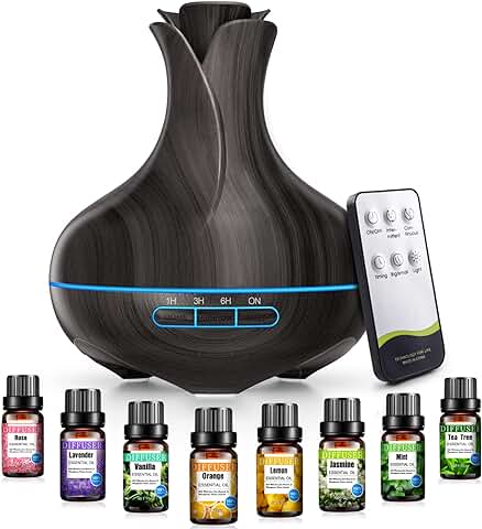 Difusores De Aceite De Aromaterapia De 600 ML con Juego De 8 Aceites, Humidificador Ultrasónico De Difusor Esencial con 2 Modos De Niebla, Luces LED, 4 Temporizadores para Habitaciones Grandes  