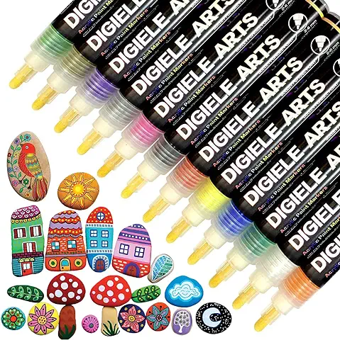 DIGIELE Rotuladores de Pintura Acrílico para Piedras, 12 Colores Permanente Marcadores Dibujar en Ceramica, Metal, Plastico, Porcelana, Tazas & DIY Art, Set de Marcadores de Regalo para Niños  