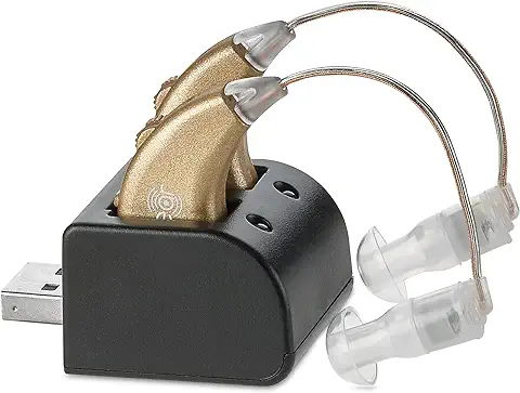 Digital Hearing Amplifiers - Rechargeable BTE Personal Sound Amplifier Pair with USB Dock - Premium Gold Behind the Ear Sound Amplification - by NewEar  