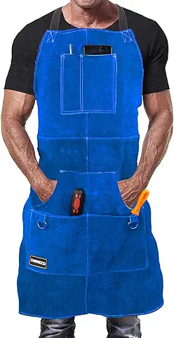 DIMWELD Mandil de Soldador Premium de Cuero Protector para Hombre. Delantal de Herrero Termico Ignifugo para Soldadura en Taller con 6 Bolsillos para Herramientas  