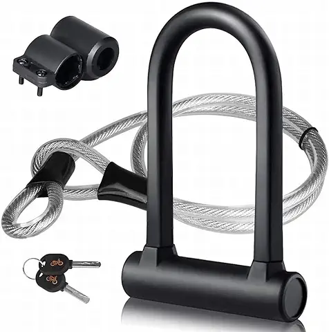 DINOKA Candado en U, U Lock Candado Bicicleta Alta Seguridad de 16mm con Abrazadera de Soporte + 1200mm de Cable de Acero Trenzado Flexible  