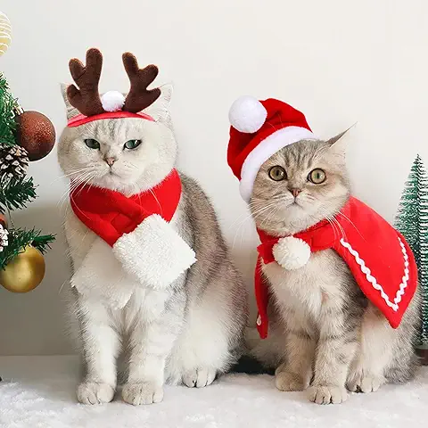 Disfraz Navidad para Perros Gatos, 4 Piezas Accesorios Ropa Navideño de Mascota Astas de Reno Diadema Sombrero de Santa Bufanda Manto, Regalo Collar Roja Disfraces Navideña para Perro Gato Pequeños  