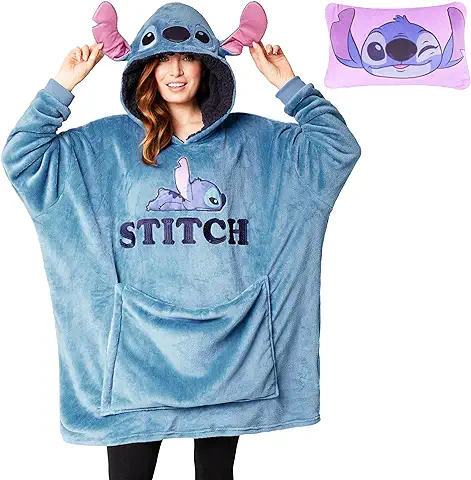 Disney Stitch Batamanta con Capucha Adultos - 2 en 1 Sudadera de Forro Polar Grande Baby Yoda - Regalos Stitch Navidad (Azul Stitch)  