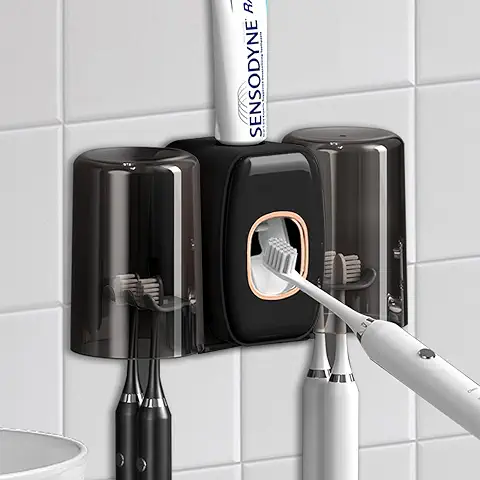 Dispensador Automático de Pasta de Dientes, Soporte para Cepillos de Dientes, Soporte de Pared, Dispensador Automático de Pasta de Dientes, Dispensador de Pasta de Dientes, para Baño (Negro)  