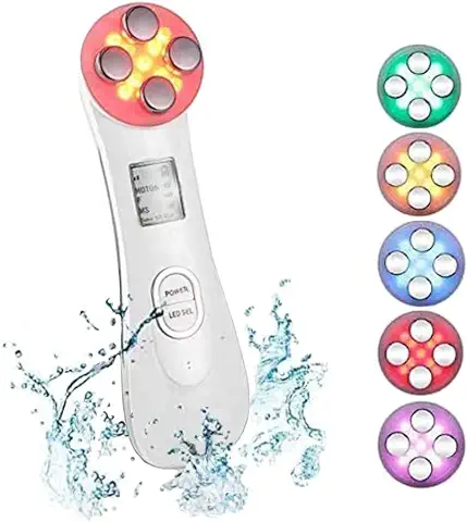 Dispositivo de Belleza Ultrasónico,Masajeador Facial de Belleza Multifuncion5 in1, 6 Modos de Máquina de Belleza LED Dispositivo de Masaje de Mesoterapia, Cuidado de la piel de Fotón ION Anti-aging  