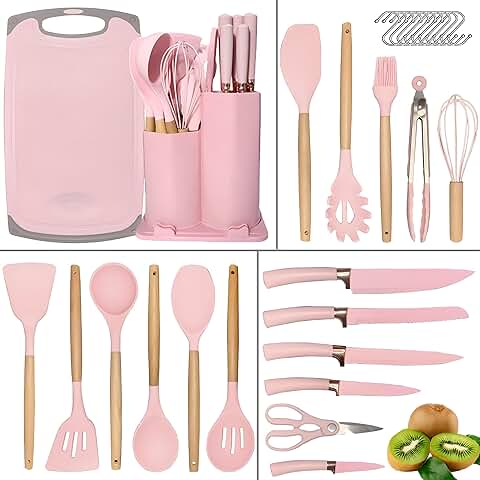 DLD Nuevo Set de Regalo de 29 Piezas de Utensilios de Cocina Cuchara Espátula Antiadherente Utensilios de Corte Tabla de Cortar de Silicona Resistente al Calor Cubo de Almacenaje Utensilios de Cocina  