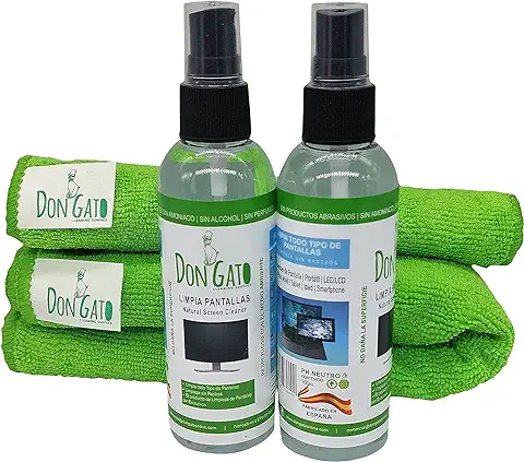 Don Gato - Pack 2 Limpia Pantallas + Paño Microfibras 2 (100ml X 2) para Televisor, Tableta, Ordenador Portátil, LCD, LED, Teléfono Móvil. Hecho con Productos Naturales y Respeta el Medio Ambiente.  