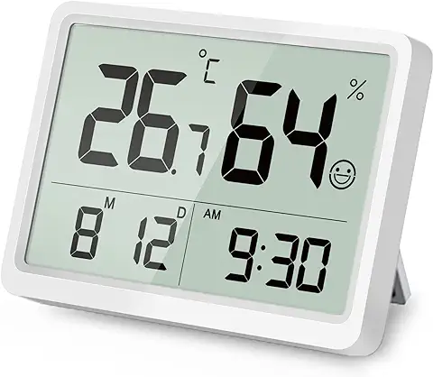 DOOMAY Termómetro Digital Higrómetro de Interior: Pequeño Monitor de Temperatura y Humedad con Grandes Dígitos LCD y hora Fecha, Higrómetro de Precisión Calibrable para Hogar Garaje (Blanco)  