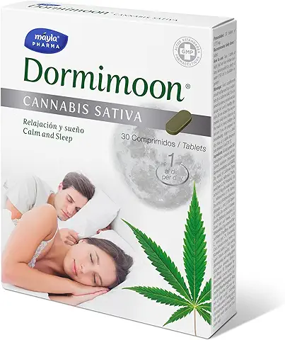 Dormimoon Cannabis Sativa 30 Comp | Con 1.98g Melatonina | Aceite de Cáñamo | Extractos de Plantas Naturales con Propiedades Relajantes  