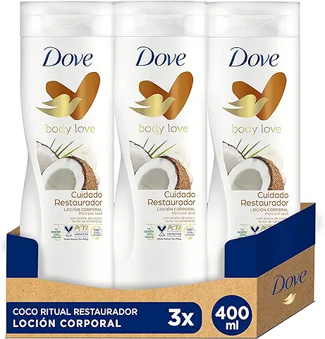 Dove Crema Hidratante Corporal Restauradora Con Aceite de Coco 100% Natural y Leche de Almendras para Piel Seca, Pack de 3 x 400 ml  