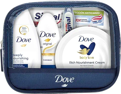 Dove Neceser Mini de Viaje para Mujer, Gel Ducha Hidratación Profunda 55 ml, Desodorante Roll On 50 ml, Crema 75 ml, Pasta de Dientes Signal White Now y Cepillo de Dientes Signal  