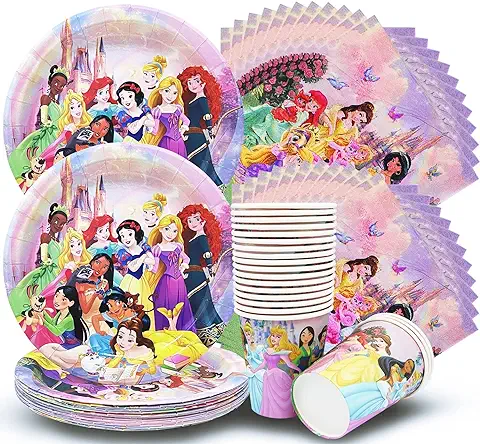 Doyomtoy Vajilla para Fiesta de Princesa, 60 Piezas Fiesta Temática Princesa Decoraciones de Cumpleaño Platos Tazas Servilletas de Suministros de Fiesta  