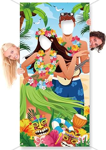 DPKOW Divertidos Pares de Luau Cara Juego Pancarta para Verano Hawaiana Photocall Accesorios, Tropical Luau Tiki Fiesta Fondo Decoración Adornos para Hawaiano Tiki Bar Playa Piscina Fiesta, 185 * 90cm  