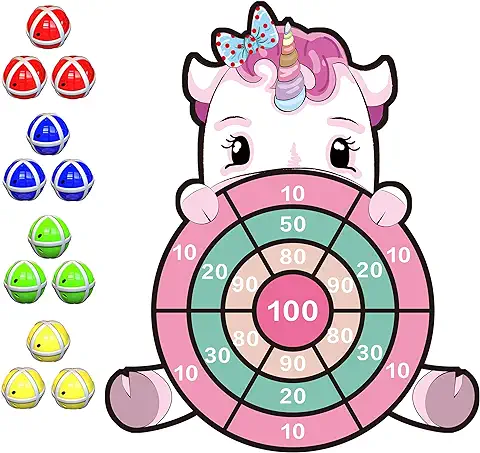 DQMOON Unicornio Juguetes para Niños 4-9 Años, 63 cm Diana Unicornio Velcro 12 Bolas Adhesivas para Fiestas en Interiores y Exteriores, Juego de Lanzamiento, Regalo de Cumpleaños para Niños 4-12 Años