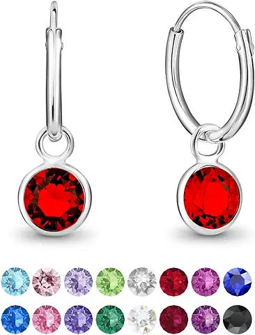 DTPsilver® Pendientes de Aro Pequeños con Colgante de Cristal Swarovski® Elements Forma Redonda - Plata de Ley 925 - Espesor 1.2 mm - Diámetro 12 mm - Color: Rojo Siam  