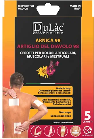 Dulàc PARCHES PARA EL DOLOR con Árnica y Harpagofito - 5 PARCHES para Dolores Musculares y Articulares, Distensiones, Contracturas, Esguinces - Alivio 24h Made in Italy  