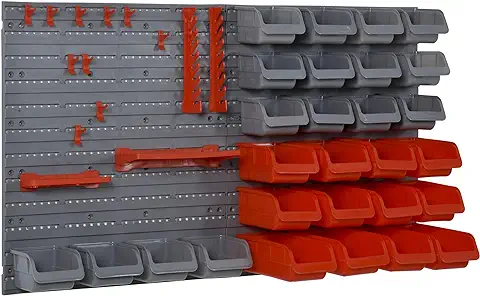 DURHAND Estante de Pared Organizador para Herramientas Estanterías de Almacenaje con 28 Cajas Apilables y Diferentes Ganchos 54x22x95 cm Gris y Rojo  