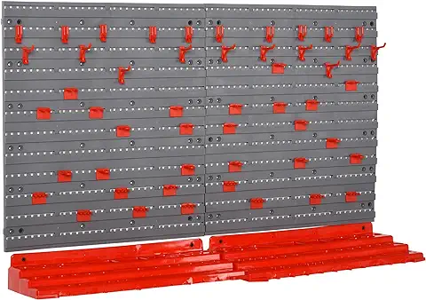 DURHAND Estantería de Pared con Sistema de Almacenamiento 95,5x23x53,5 cm Soporte de Herramientas con 54 Piezas 50 Ganchos para Taller Garajes Rojo y Gris  