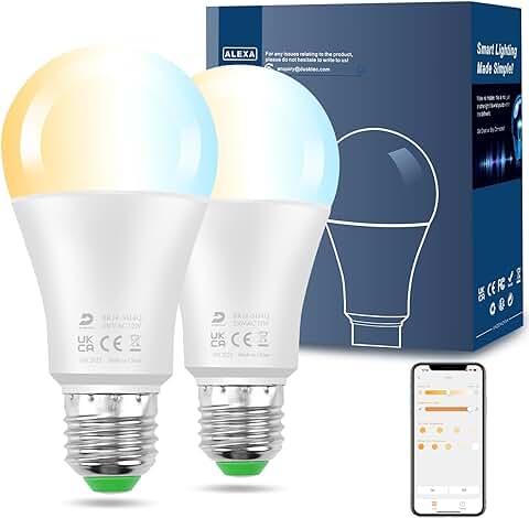 DUSKTEC Bombilla Inteligente Alexa, Bombilla LED E27 Luz Regulable Cálida a Fría 2700K a 6000K, 12W (Equivalente a 150W) 1300 Lúmen, Bluetooth Control APP, Compatible con Alexa, Paquete de 2  