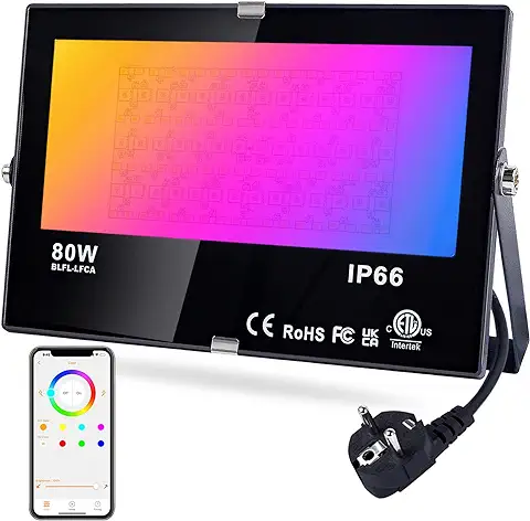 DUSKTEC Focos LED Exterior RGB 80W, Foco de Cambio de Color con Luz Blanca Bluetooth Ajustable, Luz de Inundación con Enchufe Iluminación de Caminos Inteligente Control APP Para Interior, Jardín  