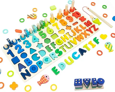 Dyploo™ Juguete Rompecabezas de Madera Montessori – Juego Educativo Matemáticas para Niños Bebé 1 2 3 4 5 6 Años – Aprender los Números y las Letras del Alfabeto, Reconocer las Formas y Colores -  