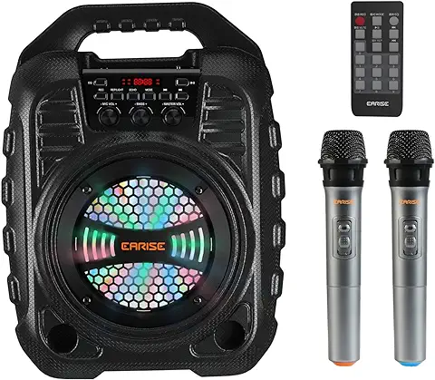 EARISE T26 Pro Máquina de Karaoke con 2 Micrófonos Inalámbricos, Sistema PA Portátil Altavoz Bluetooth PA con Luces LED, Grabación de Audio, Radio FM, Control Remoto, Soporta Tarjeta TF/USB/AUX  