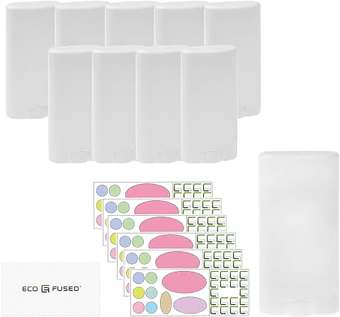 Eco-Fused Paquete de 10 Recipientes Ambientadores - Blanco - 0,5 oz (15 ml) - 60 Pegatinas Grabables - Mecanismo de Torsión - Contenedores de Cosméticos Recargables para Ambientador Casero, Blanco,  