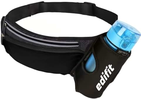 Edifit, Riñonera Portátil para Correr, Hombre y Mujer, Cinturón Deportivo, Accesorios, con Porta Botella, Impermeable, con Cierre Cremallera, Correa Ajustable y Reflectante (Negro)  