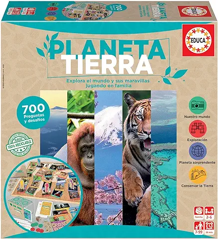 Educa - Planeta Tierra, Juego de Mesa Familiar con 700 Preguntas Realizado con Materiales 100% Reciclados (18707)  