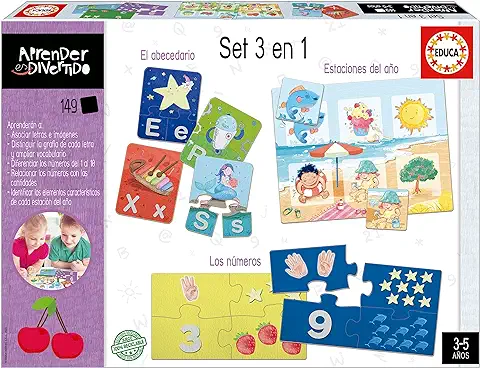 Educa - Set 3 en 1 | Aprender es Divertido. Juego Educativo con Tres Temáticas Distintas: Abecedario, Números y Estaciones del Año. Elaborado con Materiales Sostenibles. A Partir de 3 Años (19814)  