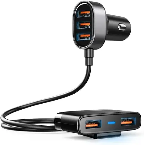 EEEKit Cargador de Coche Rápido de 5 Puertos Múltiples, Adaptador de Cargador de Coche USB, Adaptador de Encendedor de Cigarrillos Compatible con Carga en el Asiento Trasero con Cable de 5 Pies/1,5 m  