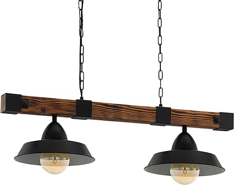 EGLO Lámpara Colgante OLDBURY, Lámpara Colgante Vintage con 2 Bombillas de Estilo Industrial, Lámpara Colgada de Acero y Madera, Color Negro, Marrón Rústico, Casquillo E27, L 86 cm  