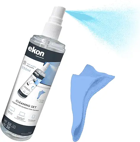 Ekon Spray de Pantalla con Paño de Microfibra, 250 ml, Kit de Limpieza para Monitores, Portátiles, Cámaras, Videocámaras, MacBook, TV, Smart TV, Smartphone, Tablet  