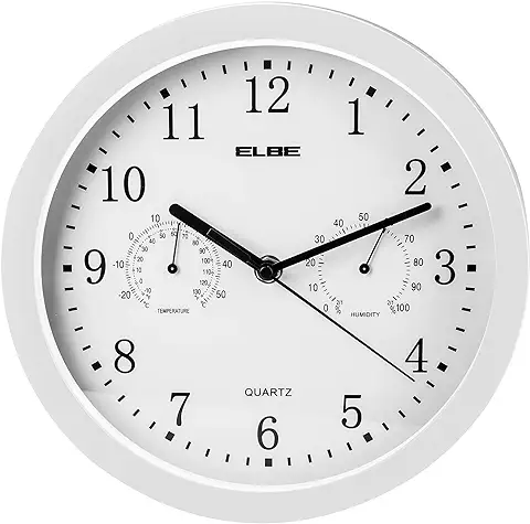 ELBE RP-2005-B Reloj de Pared con Termómetro e Higrómetro, mide Temperatura y Humedad, 25 cm Diámetro, Panel Blanco Marco Blanco, Funciona con Pilas, Color Blanco  