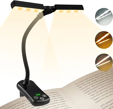 Electight 14 LEDs Doble Cabeza Luz Lectura, USB Recargable Lampara de Lectura Pinza con Libro, 8 Modos de Brillo x 3 Colores Ajustable, Indicador de Batería, Hasta 80 Horas, para Leer, Trabajar  