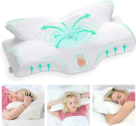 Elviros Almohada Cervical de Espuma Viscoelastica Memoria, Almohada Ortopedica para Soporte de Cuello, Almohadas Ergonómico para Dormir de Lado y Boca Arriba (Blanco, 64 x 38 x (12,5/10,5) cm)  