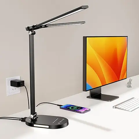 EMOBACO Lámpara de Escritorio LED Lámpara de Mesa LED con Puerto USB, Lámpara de Trabajo de 14W, 5 Modos de Color y 5 Niveles de Brillo, Lámpara de Protección Ocular, Negro  