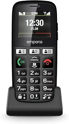 Emporia Happy - Teléfono Móvil para Personas Mayores, Robusto y de Calidad, Volumen Alto, Pantalla a Color, Bluetooth, 3 Teclas de Llamada Rápidas, Teclas Grandes Iluminadas, Base de Carga, Negro  