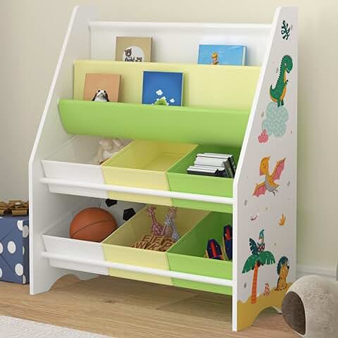 [en.casa] Estantería para Niños Organizador de Libros y Juguetes Motivo de Dinosaurio con 6 Cajas Aglomerado/Poliéster 74 x 62 x 27 cm Blanco y Verde/Amarillo  