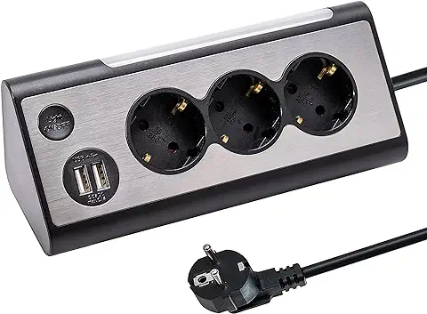 Enchufe de 3 Enchufes Premium: 2 Puertos USB, luz LED, Interruptor de Inducción, Diseño de Acero Inoxidable, 20 x 7 x 7 cm, Ideal para el Hogar y la Oficina, Ahorra Espacio y con Estilo. (Negro)  