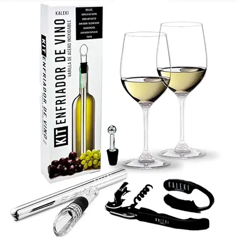 Enfriador de Botellas de vino – kit 5 en 1 de Refrigeración con tubo de Acero Inoxidable + Tapón, Decantador y Aireador – Cortador de Cápsula, Sacacorchos y Abridor Botellas – Accesorio Anti Goteo  