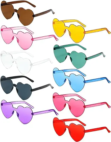 EnixwH 10 Pares Gafas de Fiesta, Gafas de Sol en Forma de Corazón con Montura sin Marco, Hippy Gafas de Sol de Color, Gafas de Disfraz Divertidas, para Despedida de Soltera, Accesorios para Fotomatón  