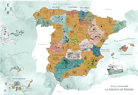 ENJOYERS - Mapa España para Rascar. Mapa Rascable La Esencia de España Ilustrado a Mano. Laminas Decorativas Pared 65x45 cm. Lamina Viajes Regalo para Viajeros. Solo Lamina Sin Marco.  