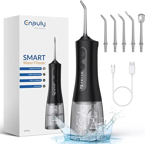 ENPULY Irrigadores Bucales Portatil, 300ML Irrigador Dental Oral Viaje, 2000mAh Batería Irrigador Bucal 40 Días De Uso Con Una Carga De 4,5 Horas, Irrigador Para Sarro 5 Modos y 5 Boquillas  