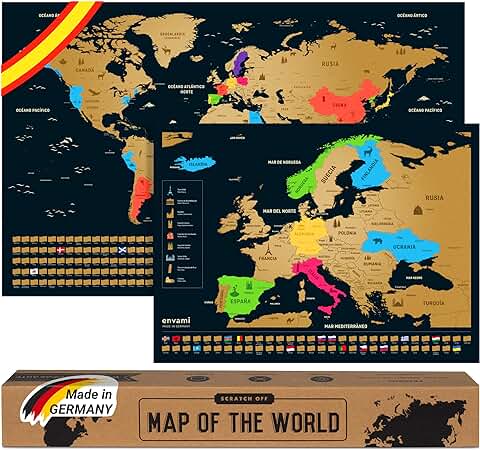 Envami® Mapa Mundi Rascar - Español - Más el mapa de Europa - Mapas del Mundo para Marcar Viajes - 68 X 43 CM - Plata - Scratch Off Travel Map  