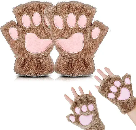 EQLEF Guantes Sin Dedos Mujer, Guantes Garra de Gato Adorable Guantes de Felpa Guantes de Invierno Calientes Guantes de Gato Kawaii para Mujeres y Niñas  